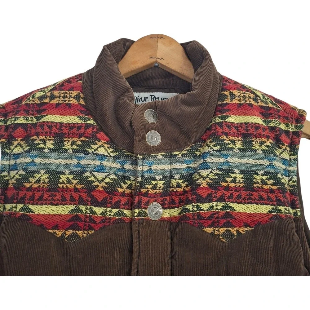True Religion Corduroy Puffer Vest Men's Medium M Brown Aztec Serape Yoke Y2K